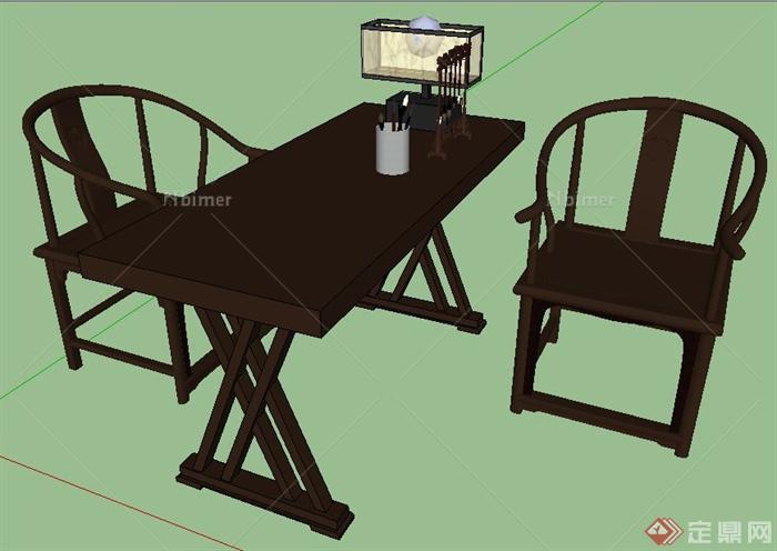 中式风格木制书桌椅su模型