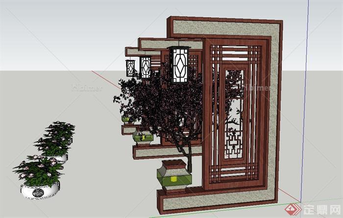 园林景观节点镂空景墙与花卉植物设计SU模型
