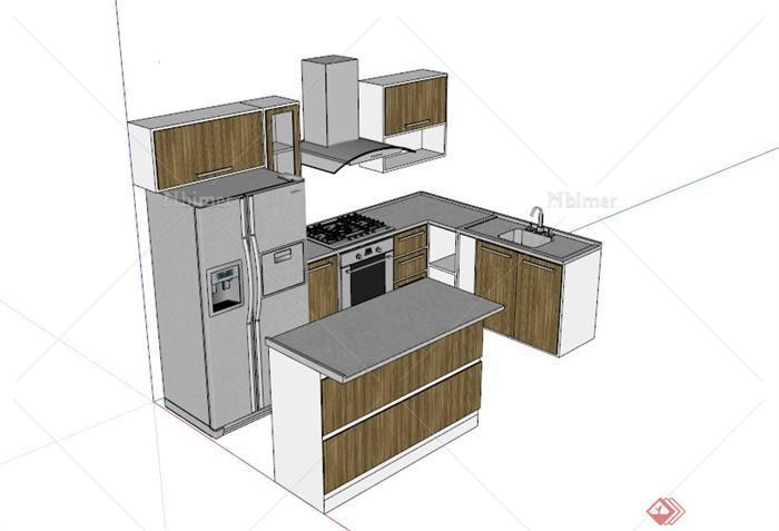 现代L型厨房厨柜吧台组合设计SU模型[原创]