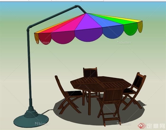 现代户外桌椅组合及遮阳伞su模型
