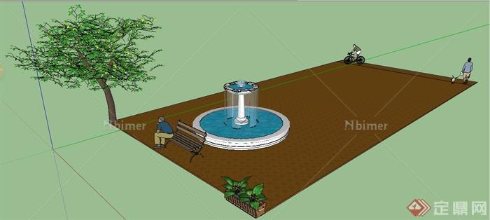 多个景观节点喷泉、花池、座椅SU模型