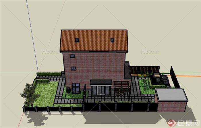 现代某三层住宅建筑庭院花园景观设计SU模型