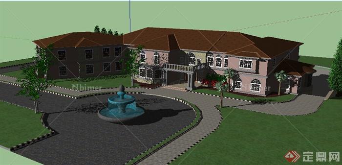 某欧式别墅建筑设计su模型（含游泳池、喷泉）