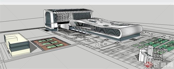 现代简约体育馆建筑及大门设计su模型