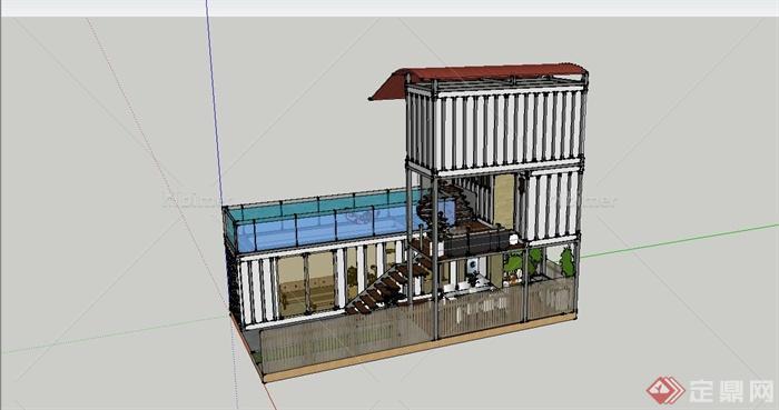 某现代风格集装箱式多层住宅建筑设计SU模型[原创