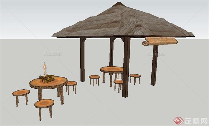 园林景观凉亭及木桌凳su模型