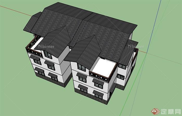 某两栋三层联排中式住宅建筑设计SU模型