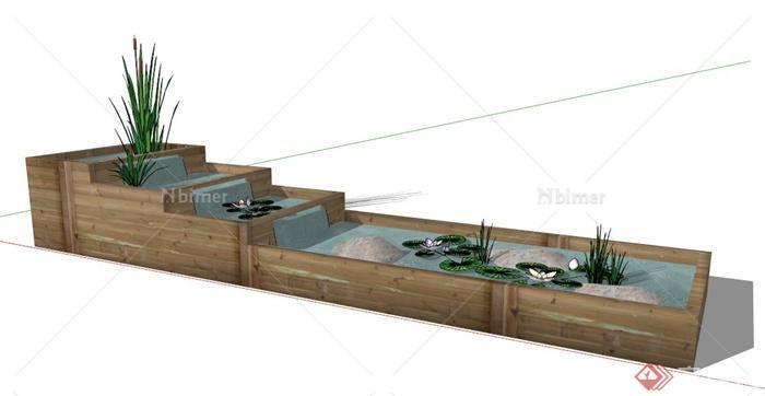 园林景观木制叠水池设计su模型