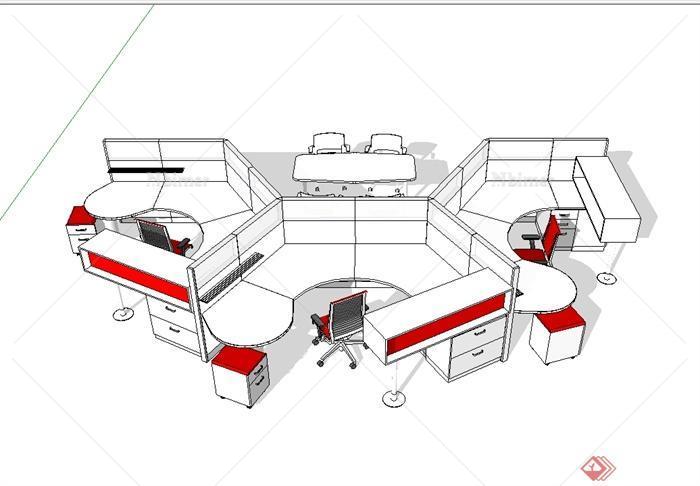某现代风格室内空间办公桌椅设计su模型[原创]