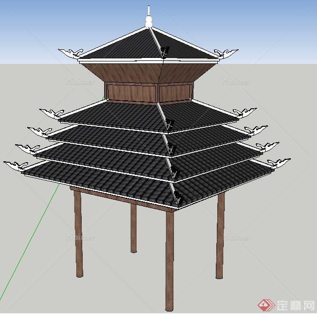 中式风格重檐景观亭su模型