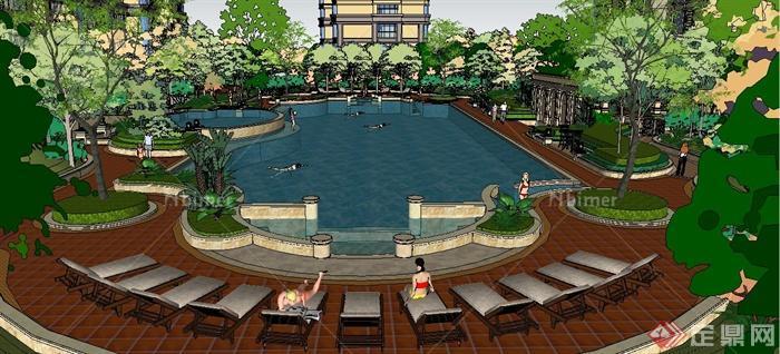 新古典风格住宅小区中央泳池景观设计su模型