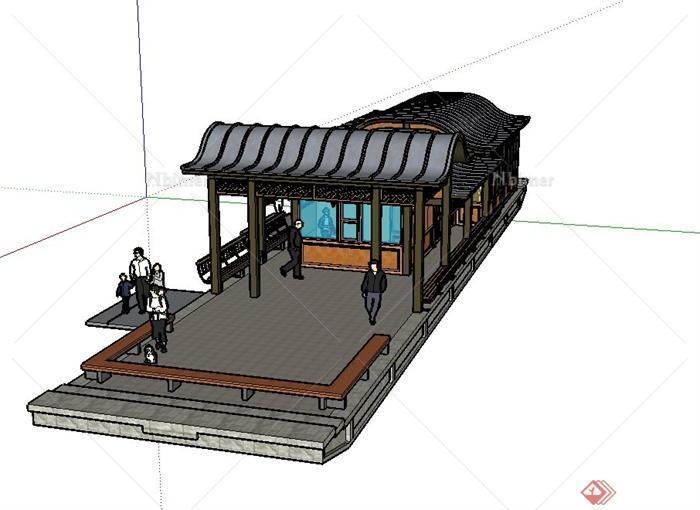 某古典中式单层船房式茶室建筑设计SU模型