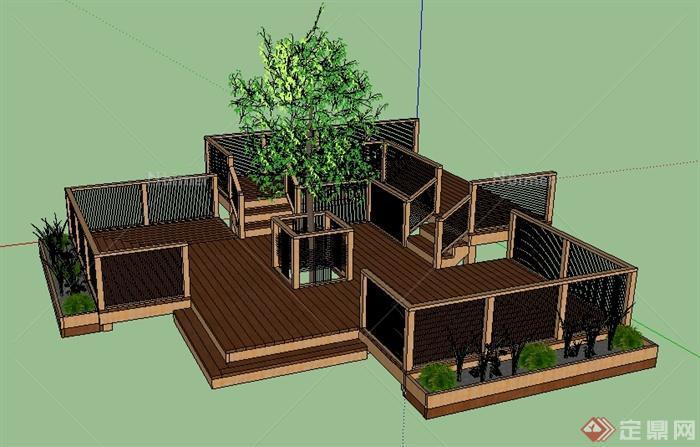 某园林景观节点木制观景平台SU模型