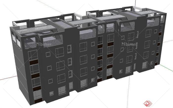 现代中式联排四层住宅楼建筑设计su模型