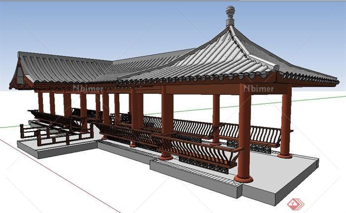 中式风格四角凉亭及景观长廊su模型
