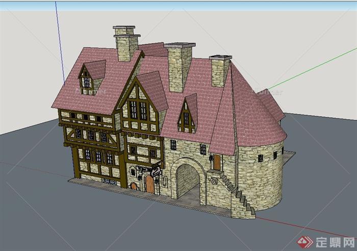 英式风格独特详细商业楼建筑设计su模型[原创]