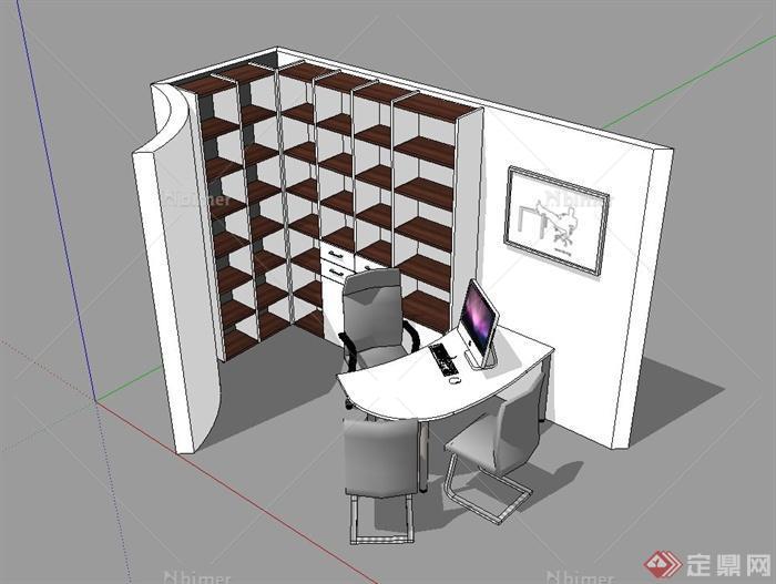 某现代室内办公室桌椅书柜设计su模型[原创]