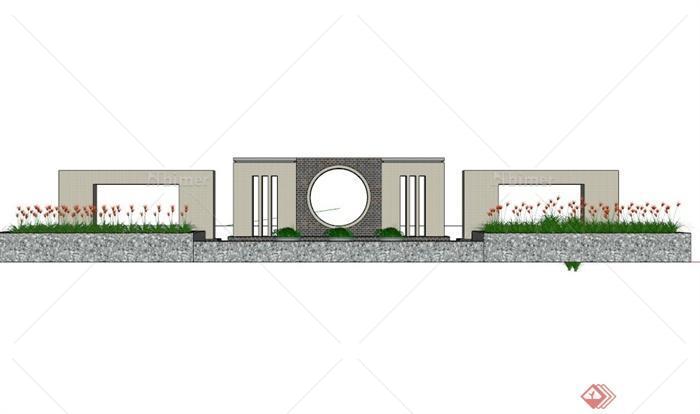现代中式水池镂空景墙设计SU模型[原创]