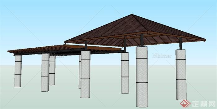 中式风格凉亭廊架组合su模型