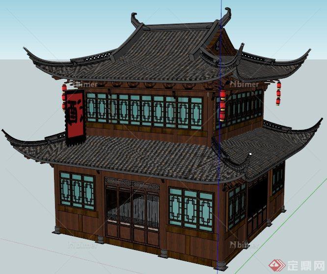 中式风格二层酒楼建筑设计su模型