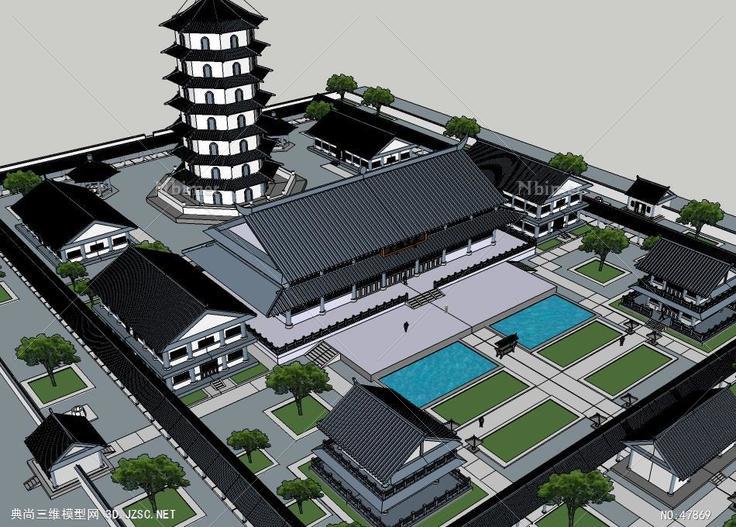 古典寺庙建筑及规划完整风景名胜规划 su模型 3d