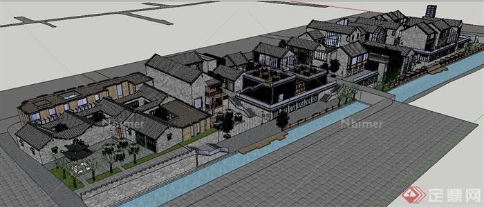 现代中式风格沿河商住建筑设计su模型