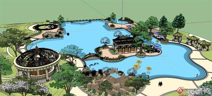 现代中式水景休闲公园设计SU模型