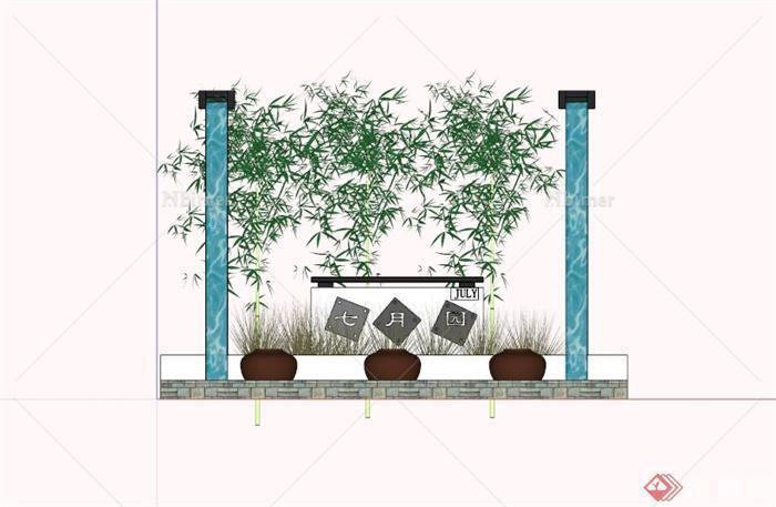 现代中式入口水池景观SU模型