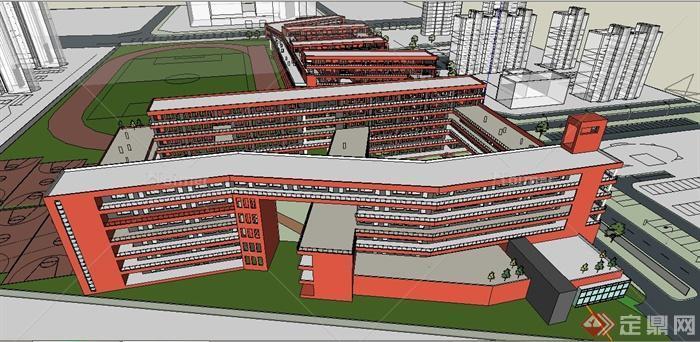 现代某多层红色中小学教学楼建筑设计SU模型[原创
