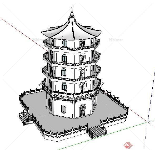 某中式风格五层塔楼su模型