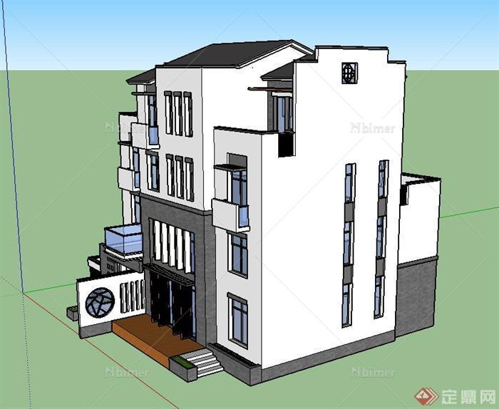 某现代中式四层住宅建筑设计SU模型