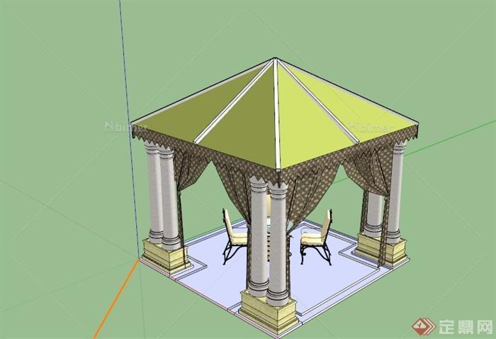 欧式带纱幔休闲四角亭子设计SU模型