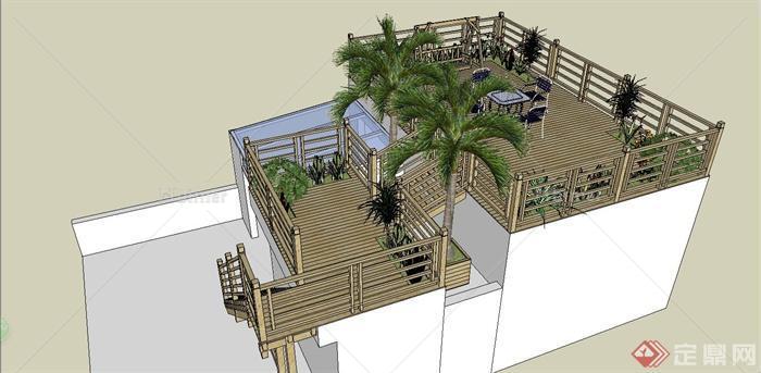 某东南亚风格别墅木质屋顶木质楼梯设计SU模型[原