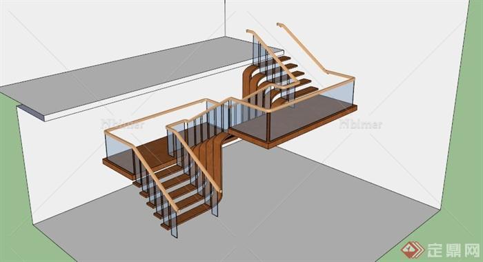 现代木制玻璃栏杆楼梯SU模型