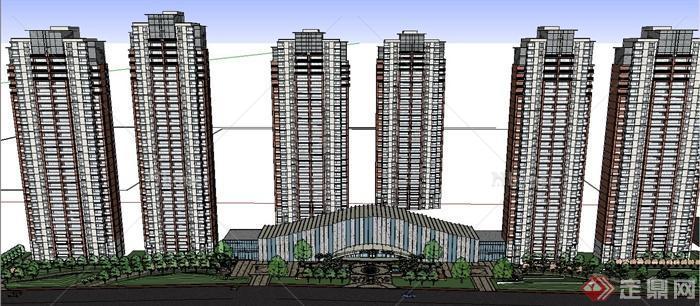 某小区高层住宅楼建筑设计SU模型（带入口景观）