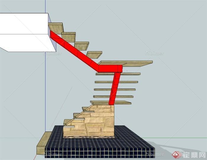 现代木踏步楼梯设计SU模型[原创]