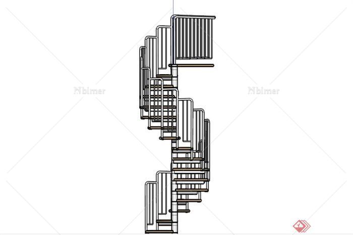 现代某木制铁栏杆楼梯SU模型