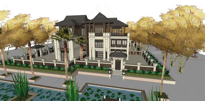 某东南亚风格度假别墅建筑方案设计SU模型（含景