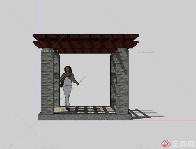 某矩形木顶石柱廊架SU模型