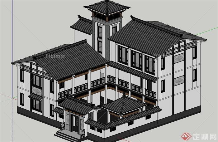 古典中式两层别墅建筑设计SU模型[原创]