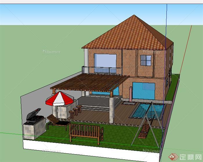 某室外小别墅设计SU模型素材（含庭院）