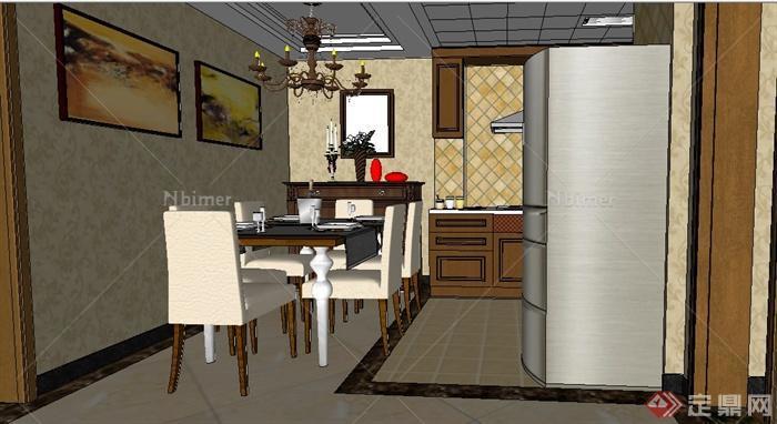 欧式风格卧室及客餐厅、厨房室内设计su模型[原创