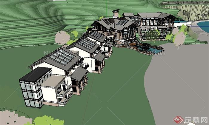 东南亚风格凯宾斯基山地酒店建筑设计SketchUp模