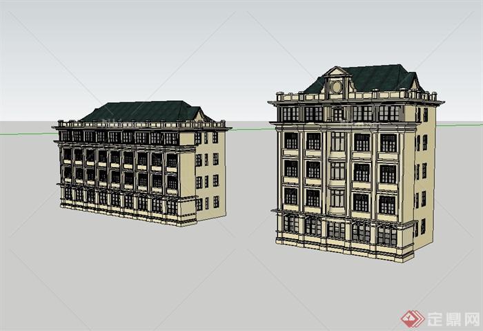 欧式风格两栋酒店建筑设计su模型[原创]