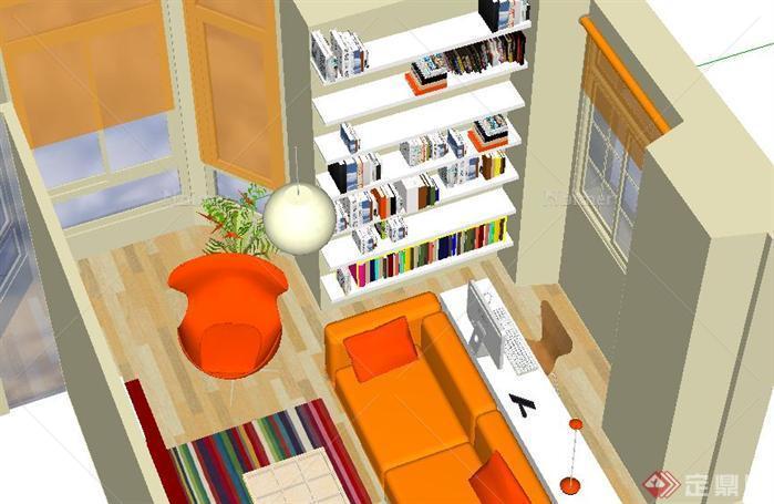 一个现代简约书房装修方案SU精致设计模型