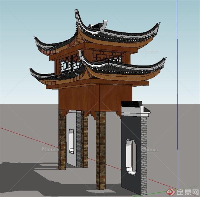 古典中式双层门廊牌坊设计SU模型