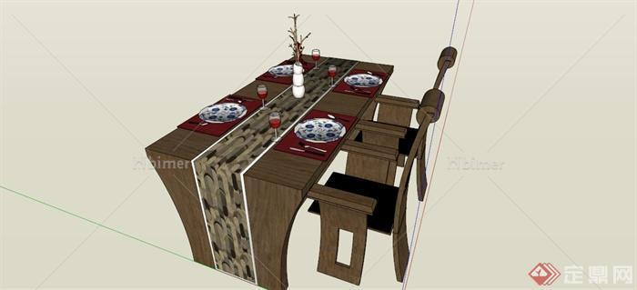 某现代中式四人餐桌SU模型