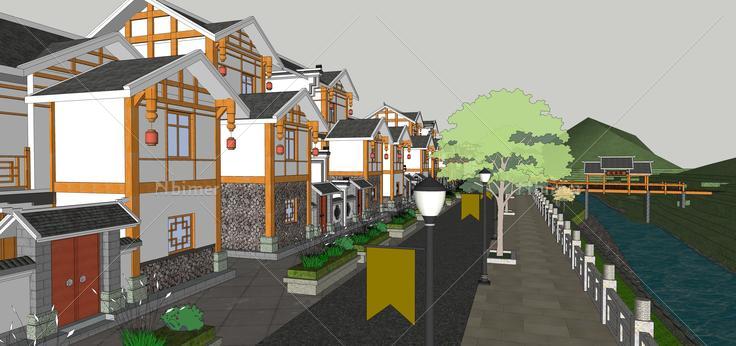 新中式风格山地别墅住宅建筑群sketchup模型