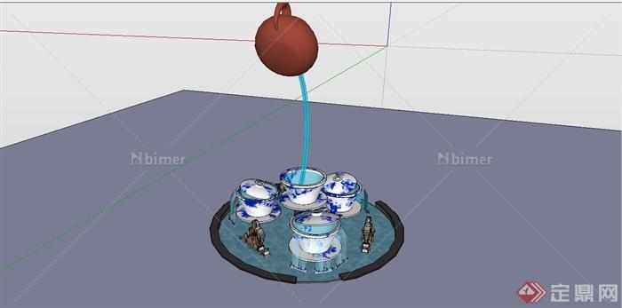 某现代中式风格圆形喷泉雕塑设计SU模型[原创]