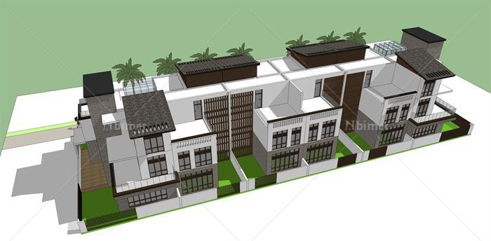 某新中式联排小高层住宅建筑方案设计SU模型[原创